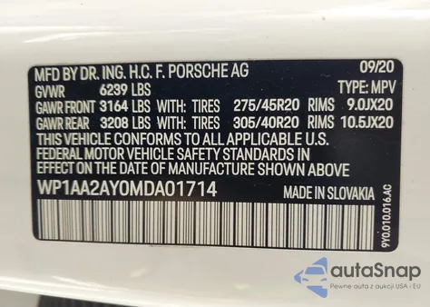 2021 Porsche Cayenne из США, поврежденный, VIN WP1AA2AY0MDA01714